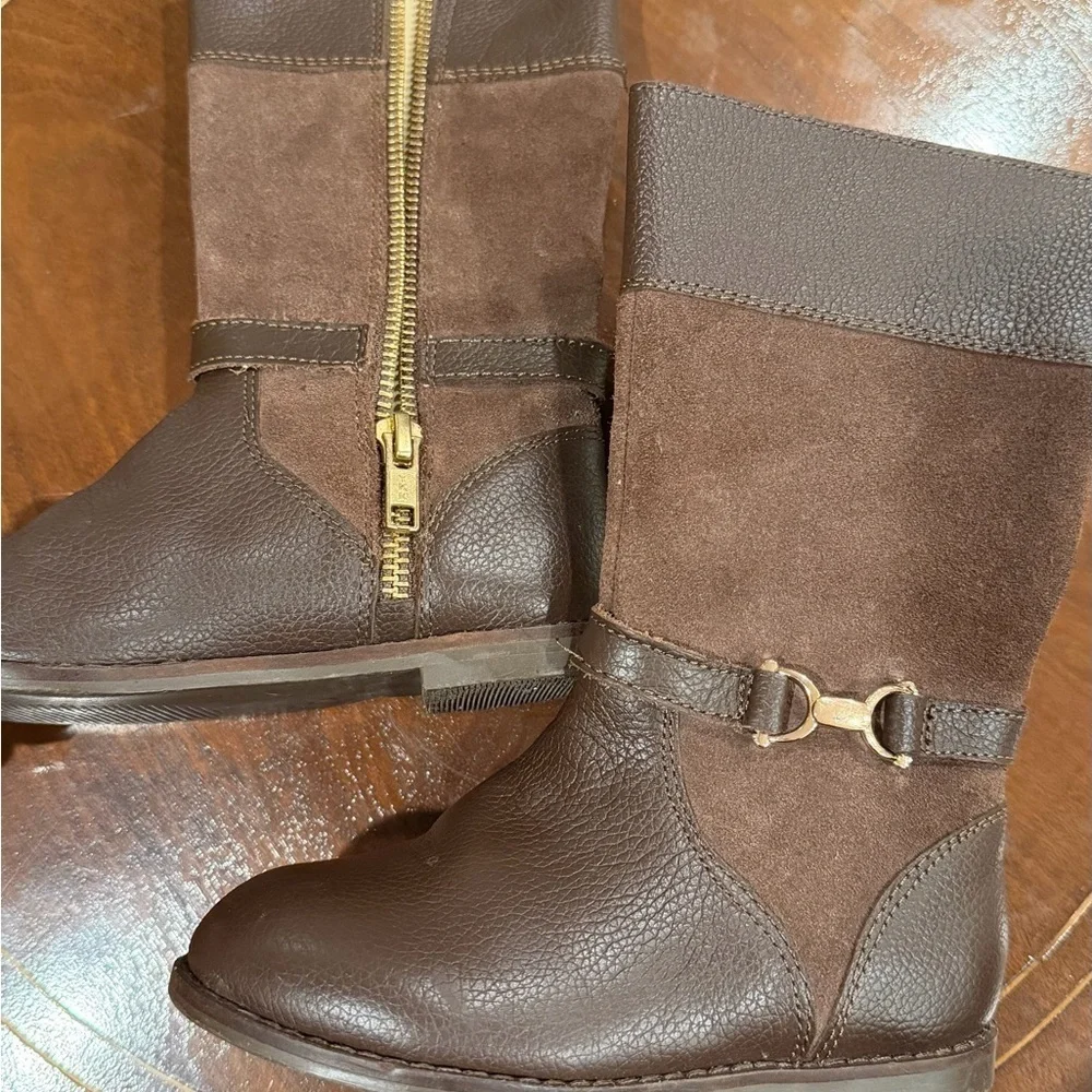 Janie & Jack Brown Leather and Suede Riding Boots with Gold Zipper Excellent